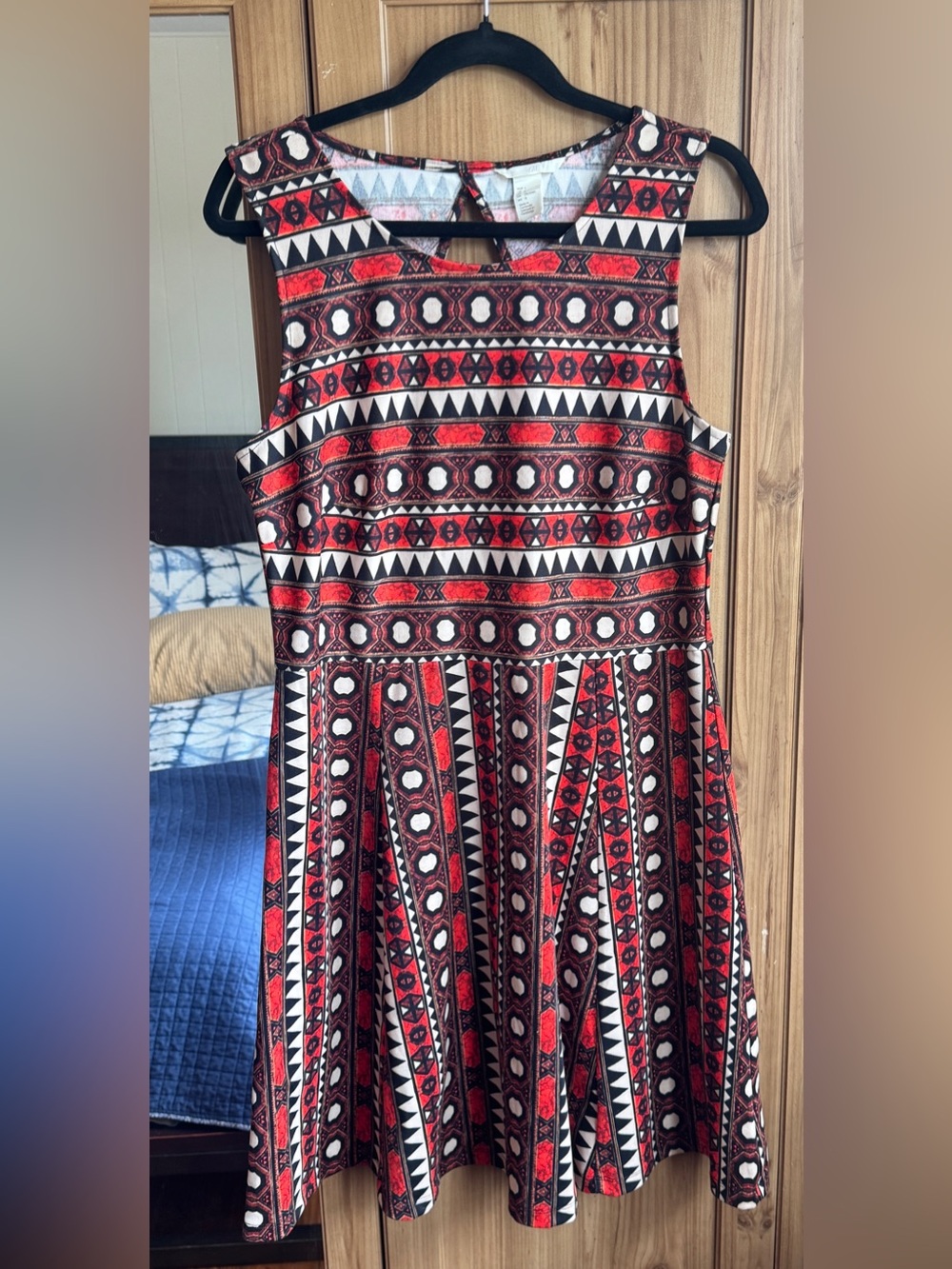 H&M Tribal Print Fit and Flare Dress with Back Cutout Size Large.